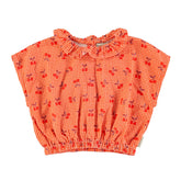 Piupiuchick Mouwloze blouse | rode ruit met kersen print