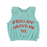 Piupiuchick Mouwloze Top | blauw "feelin' alive" print
