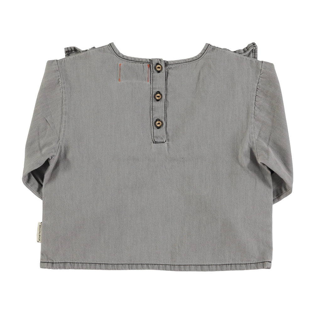 Piupiuchick Blouse w/ v-neck ruffles on chest Grey chambray