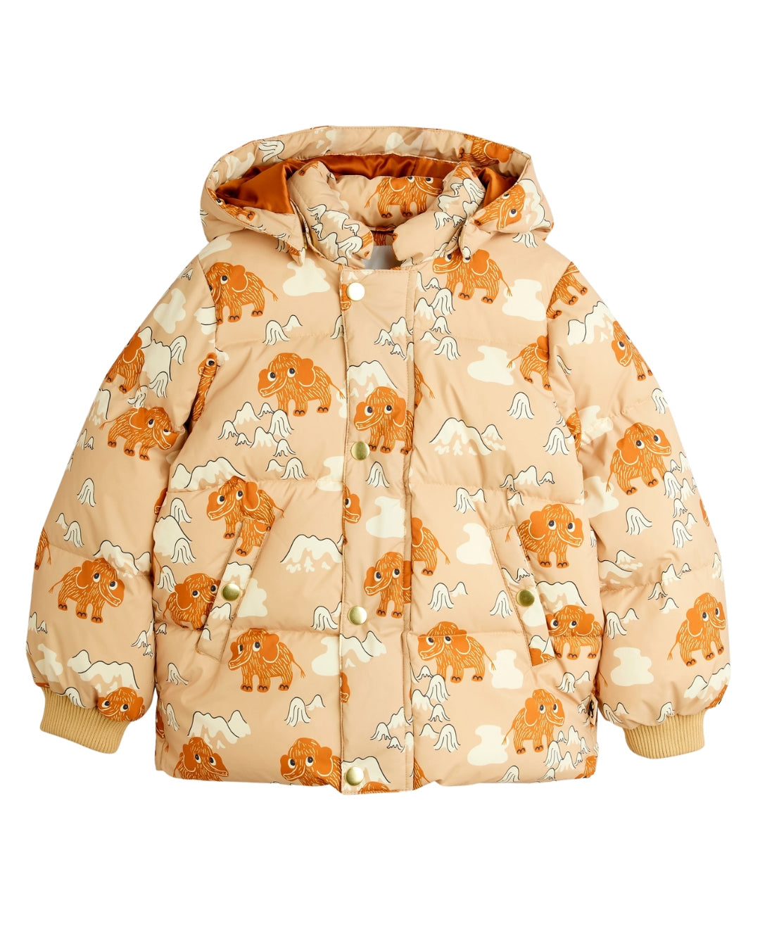 Mini Rodini Puffer Winterjas in beige met mammoetten print