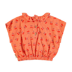 Piupiuchick Mouwloze blouse | rode ruit met kersen print